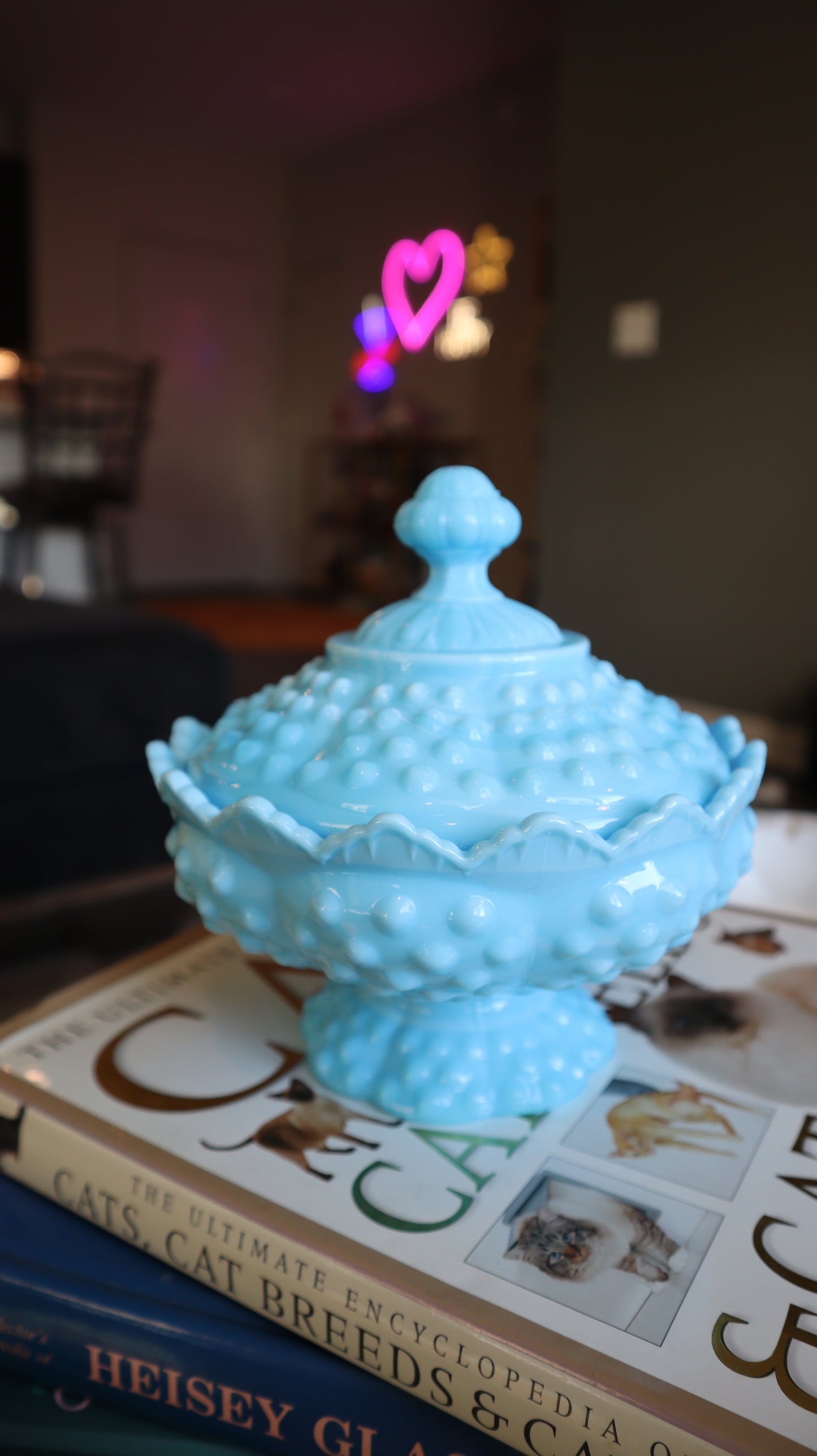Fenton Blue White Ribbon Slag Glass Hobnail Lidded Candy Dish Candle
