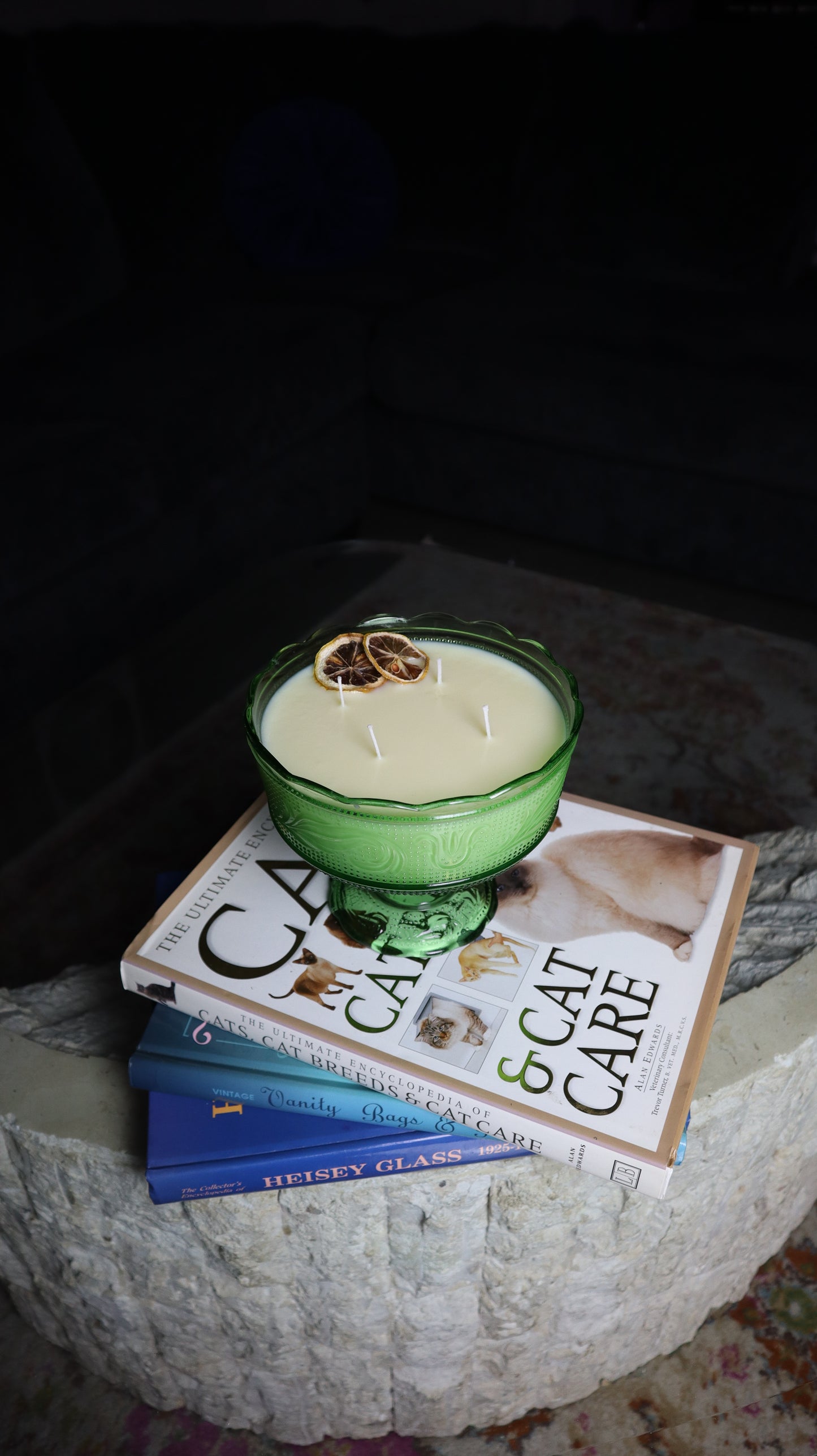 E.O Brody Green Glass Compote Fruit Bowl Candle