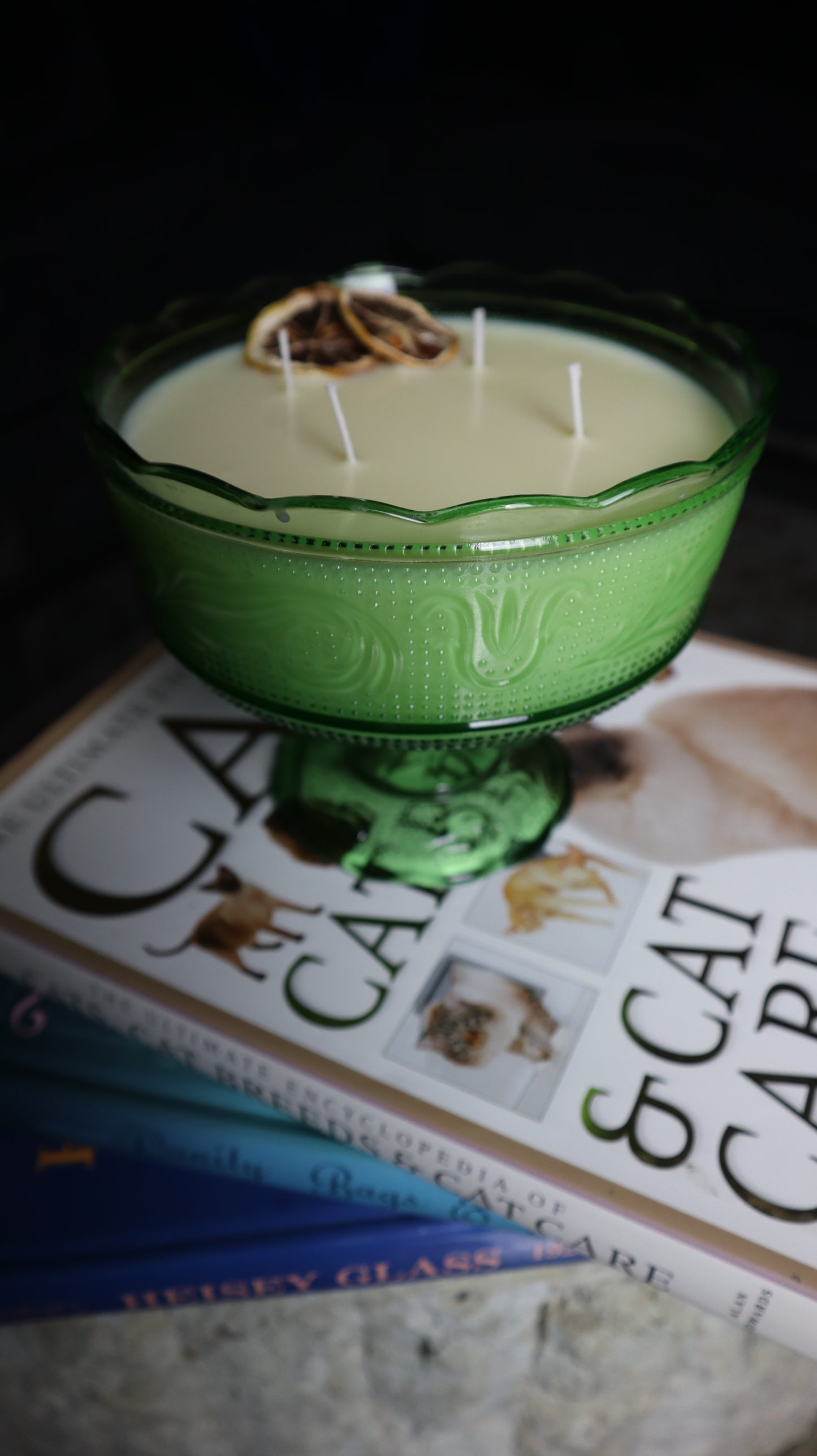 E.O Brody Green Glass Compote Fruit Bowl Candle