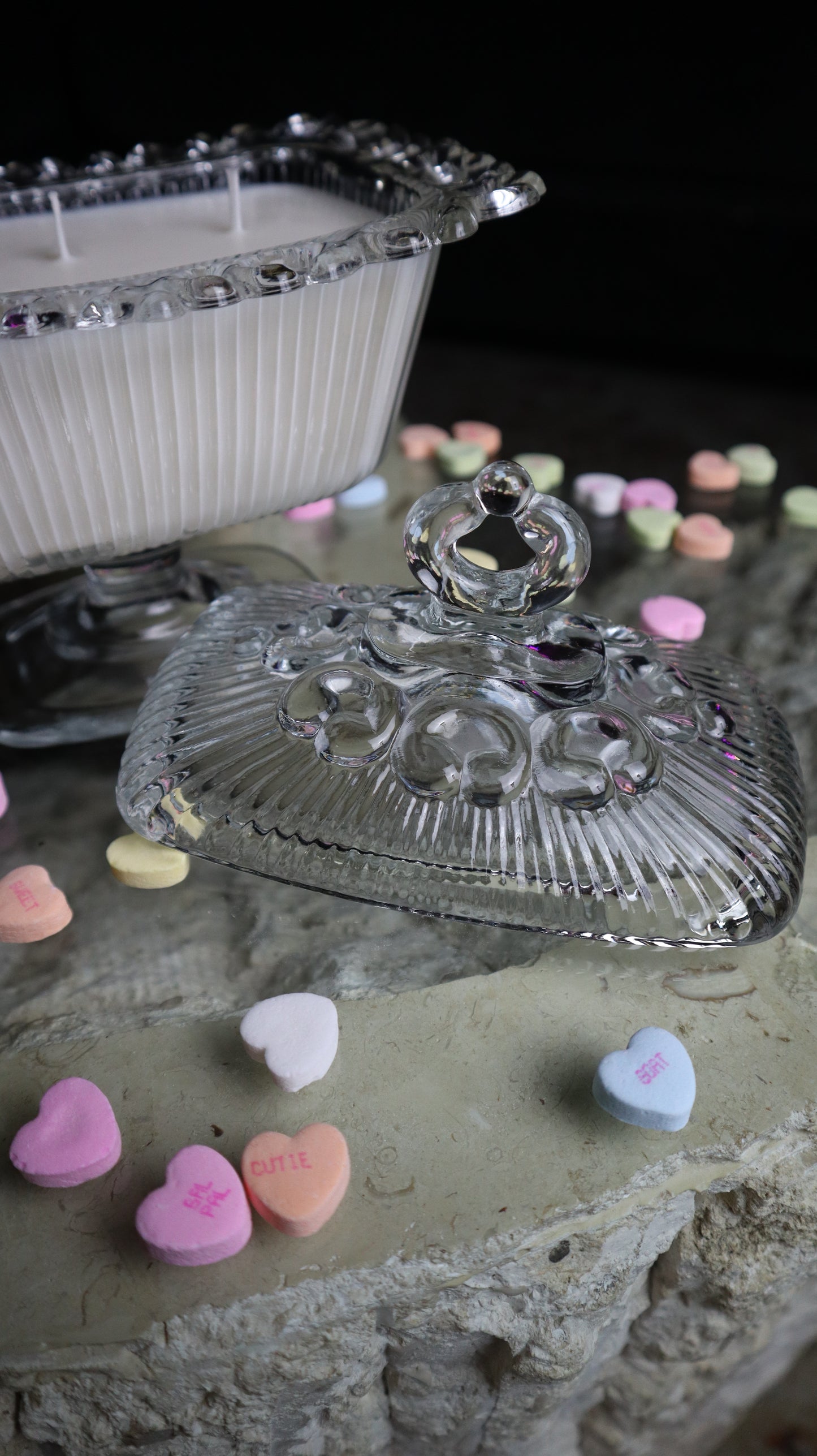 Vintage Indiana Clear Glass Lace Trim Pedestal Candle