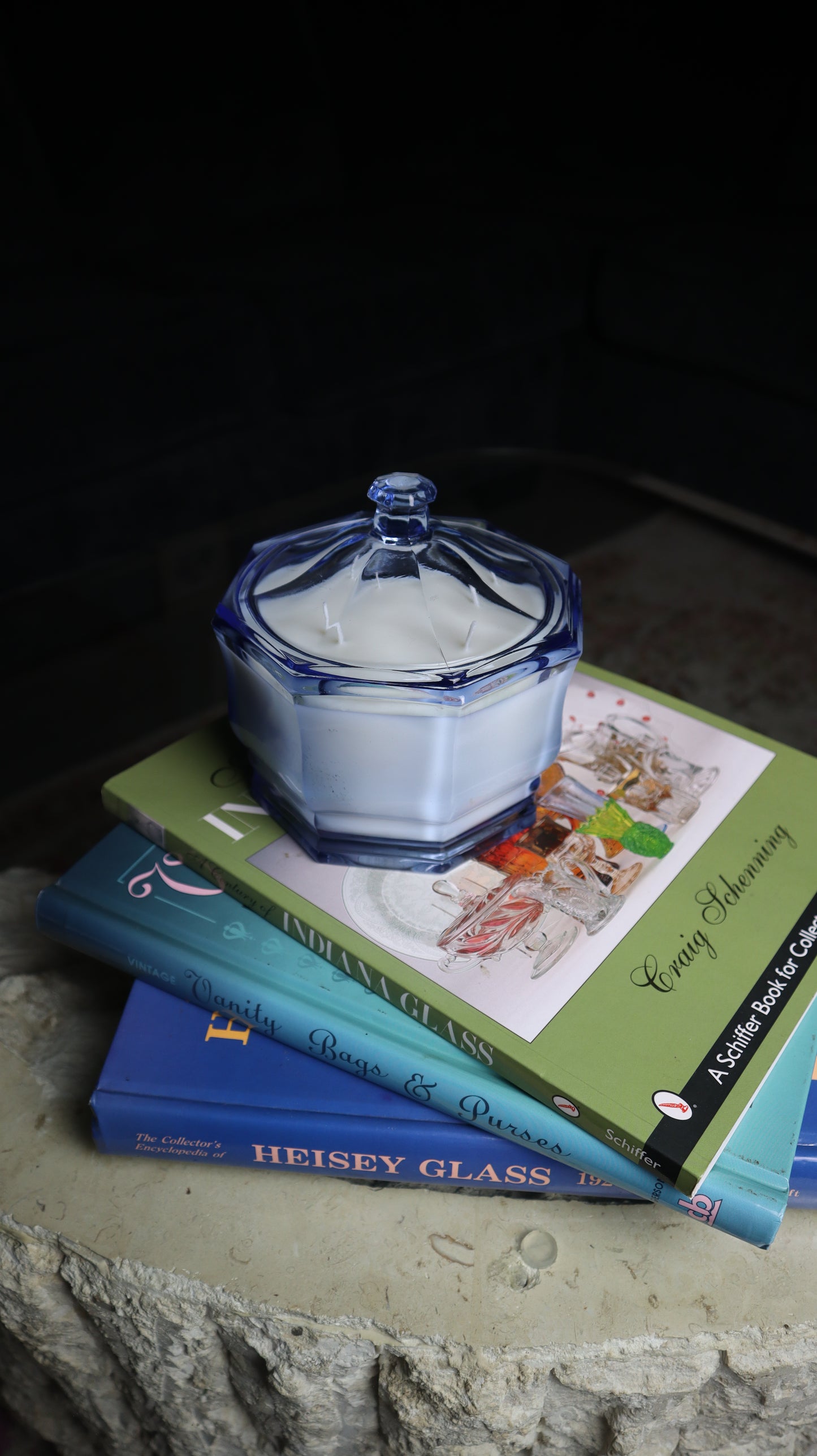Blue Vintage Depression Candy Dish Lidded Candle