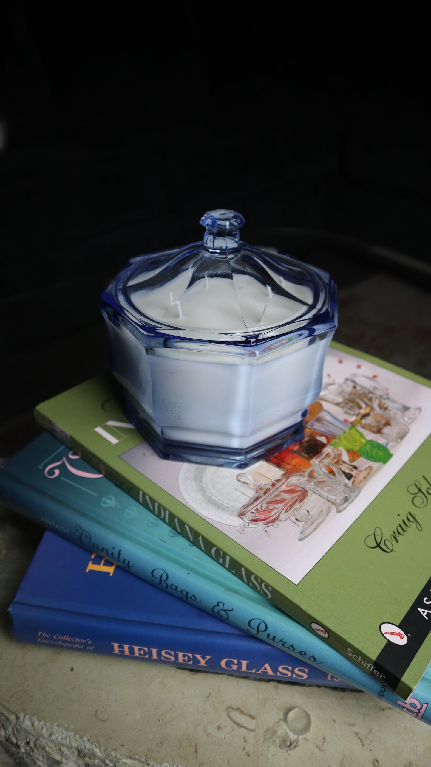 Blue Vintage Depression Candy Dish Lidded Candle