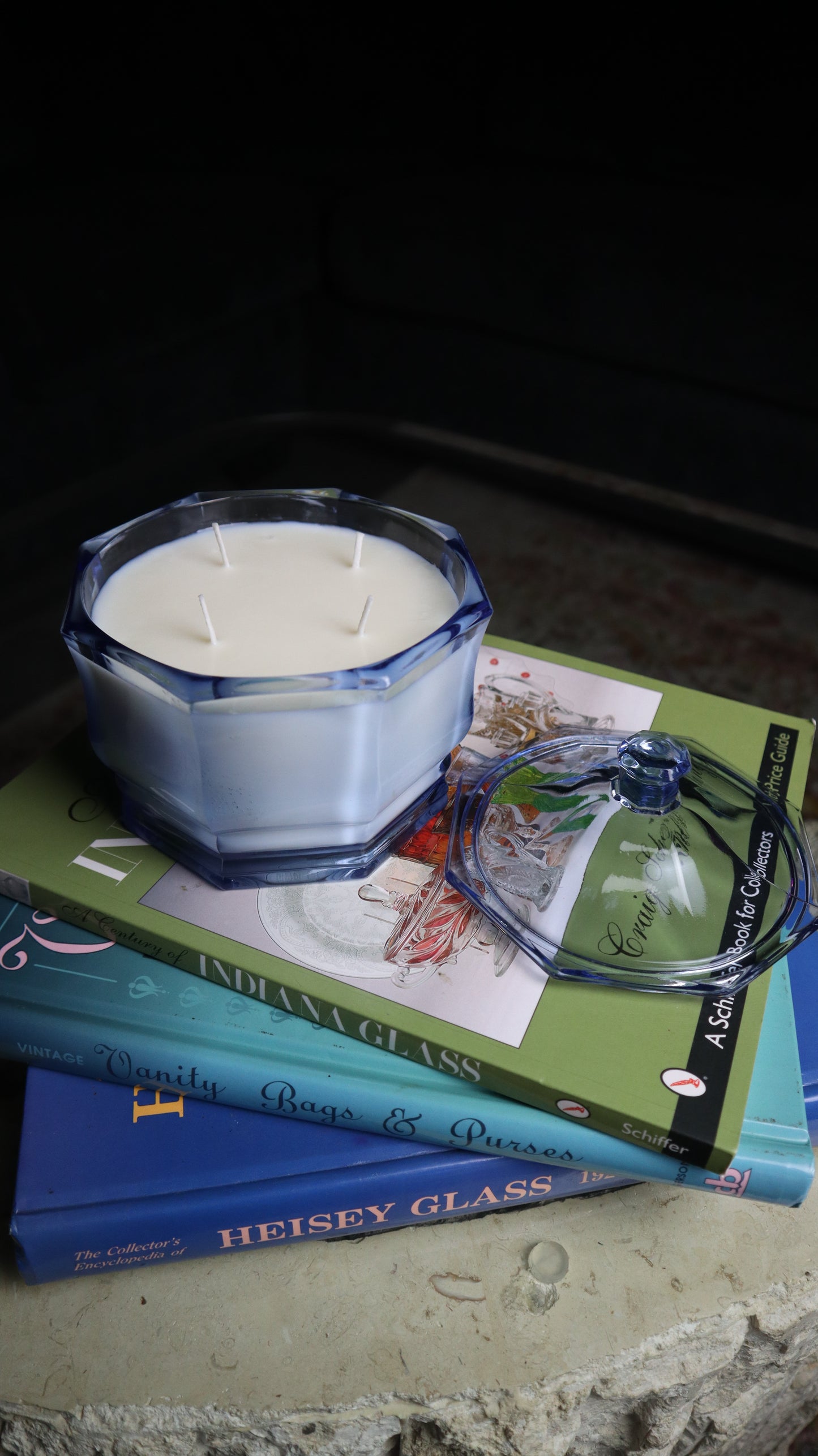 Blue Vintage Depression Candy Dish Lidded Candle