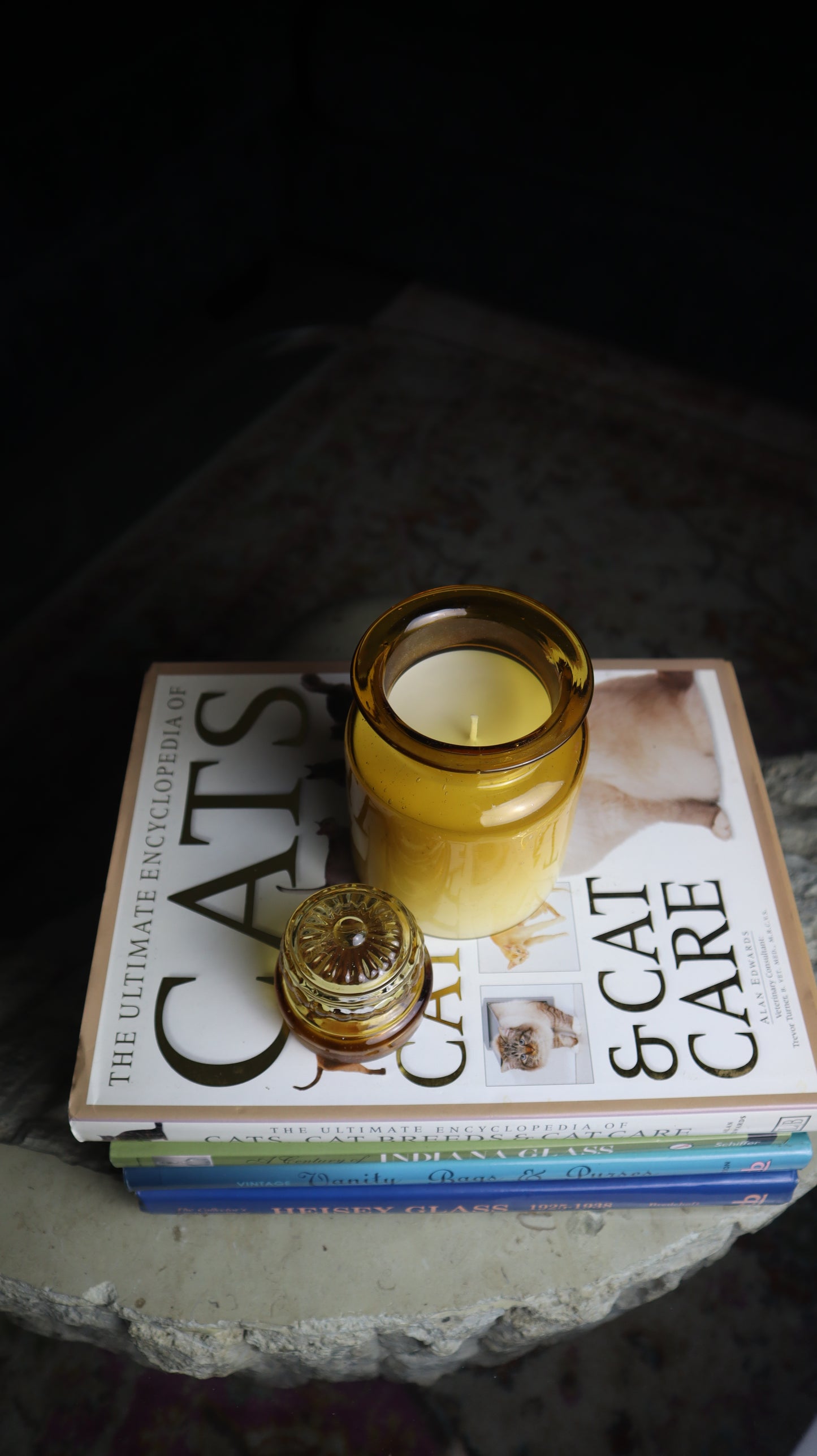 Takahashi Amber Brown Glass Canister Jar Flower Lid Candle