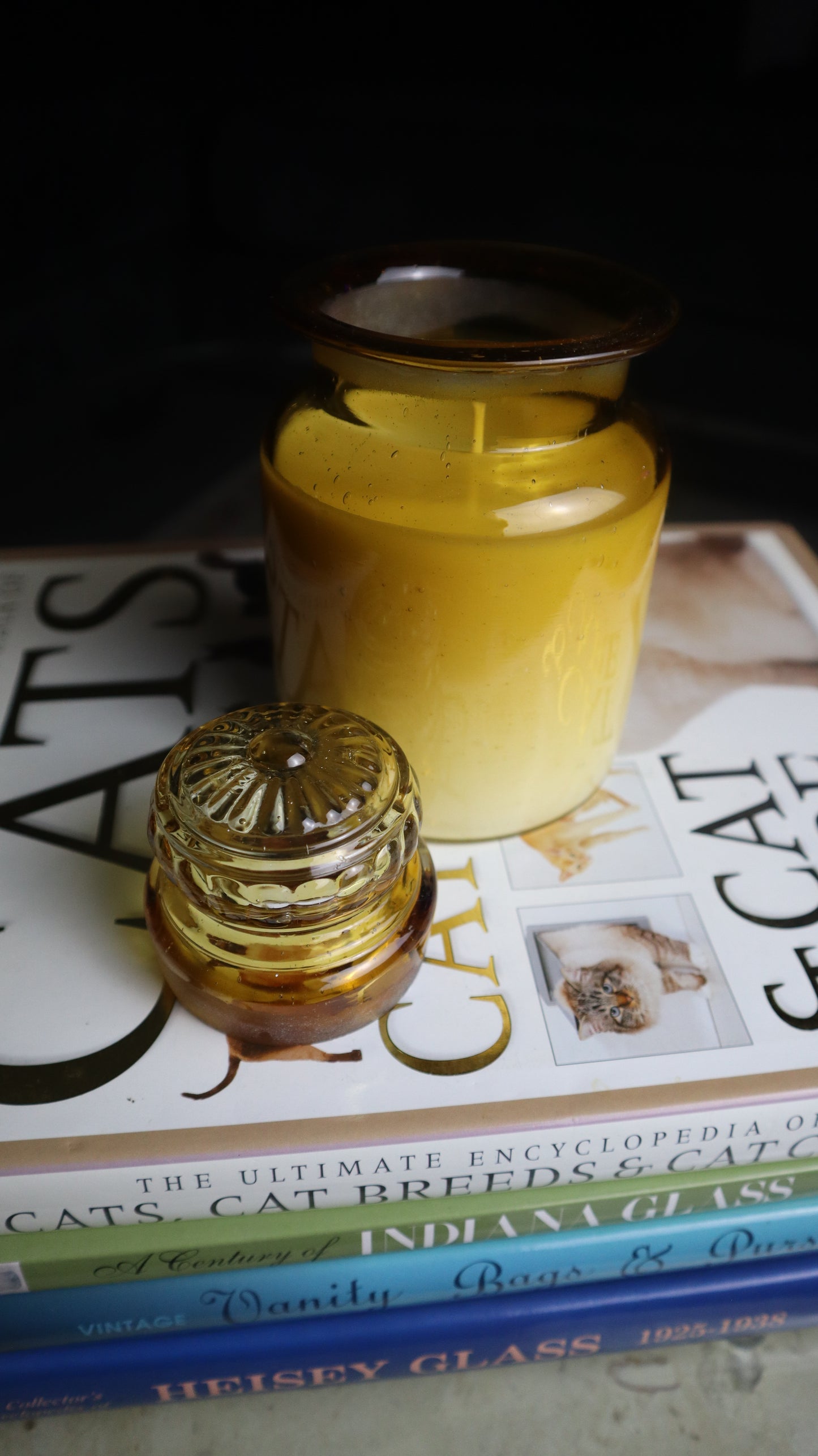 Takahashi Amber Brown Glass Canister Jar Flower Lid Candle