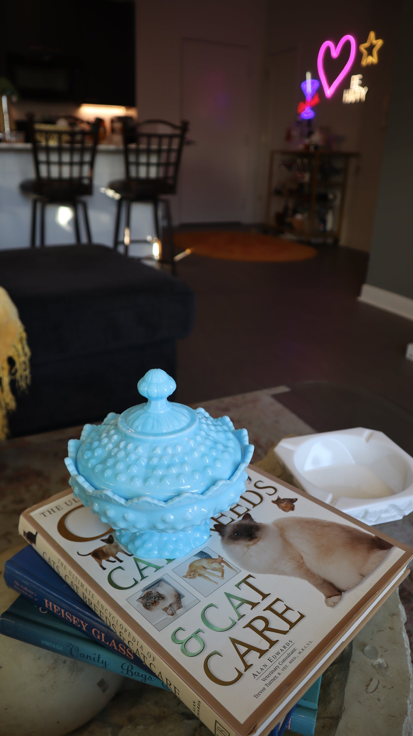 Fenton Blue White Ribbon Slag Glass Hobnail Lidded Candy Dish Candle