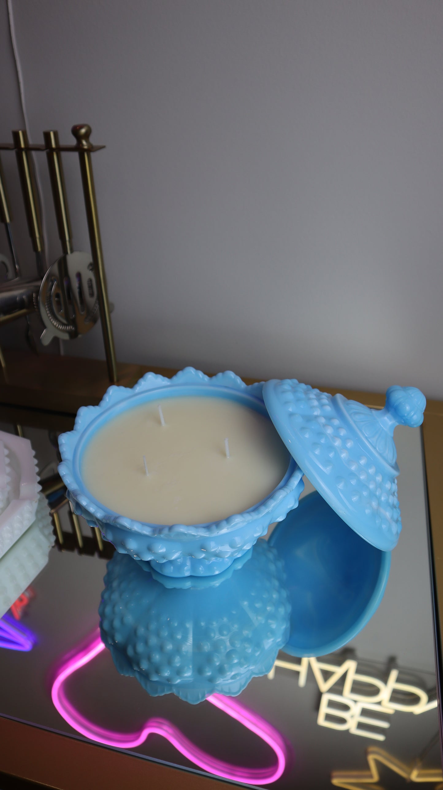Fenton Blue White Ribbon Slag Glass Hobnail Lidded Candy Dish Candle