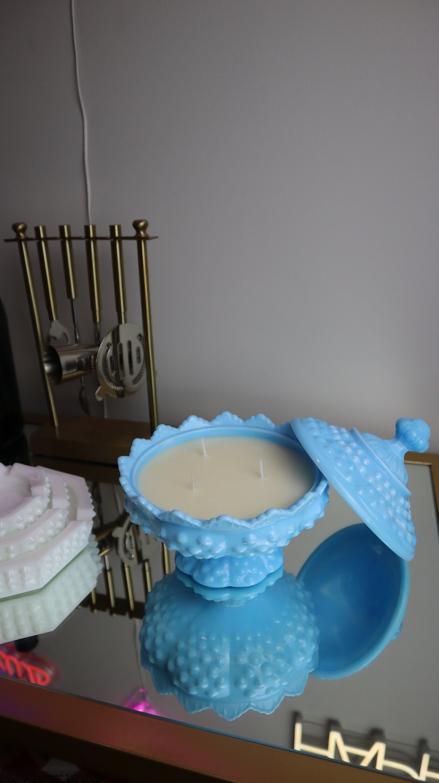 Fenton Blue White Ribbon Slag Glass Hobnail Lidded Candy Dish Candle