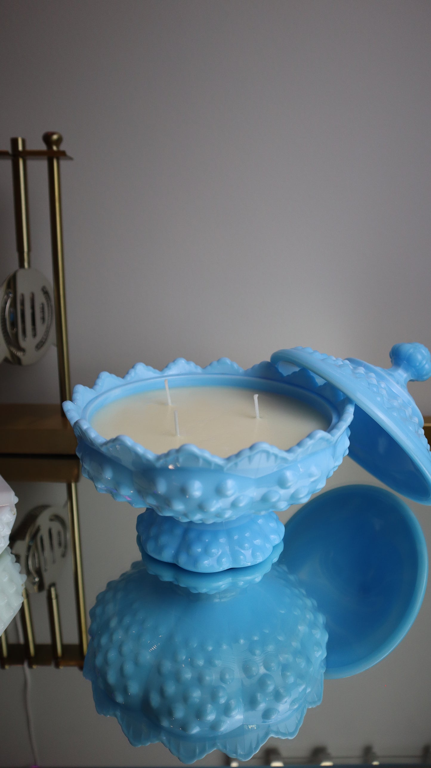 Fenton Blue White Ribbon Slag Glass Hobnail Lidded Candy Dish Candle