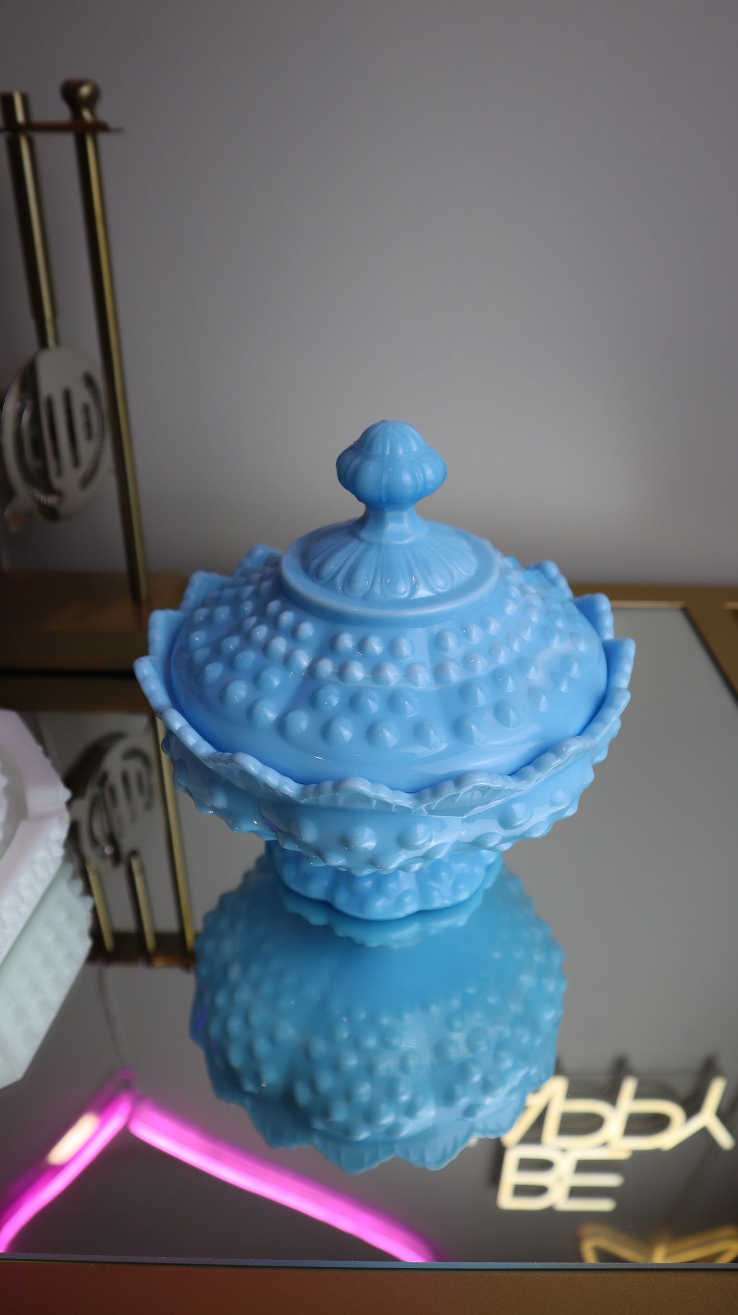 Fenton Blue White Ribbon Slag Glass Hobnail Lidded Candy Dish Candle