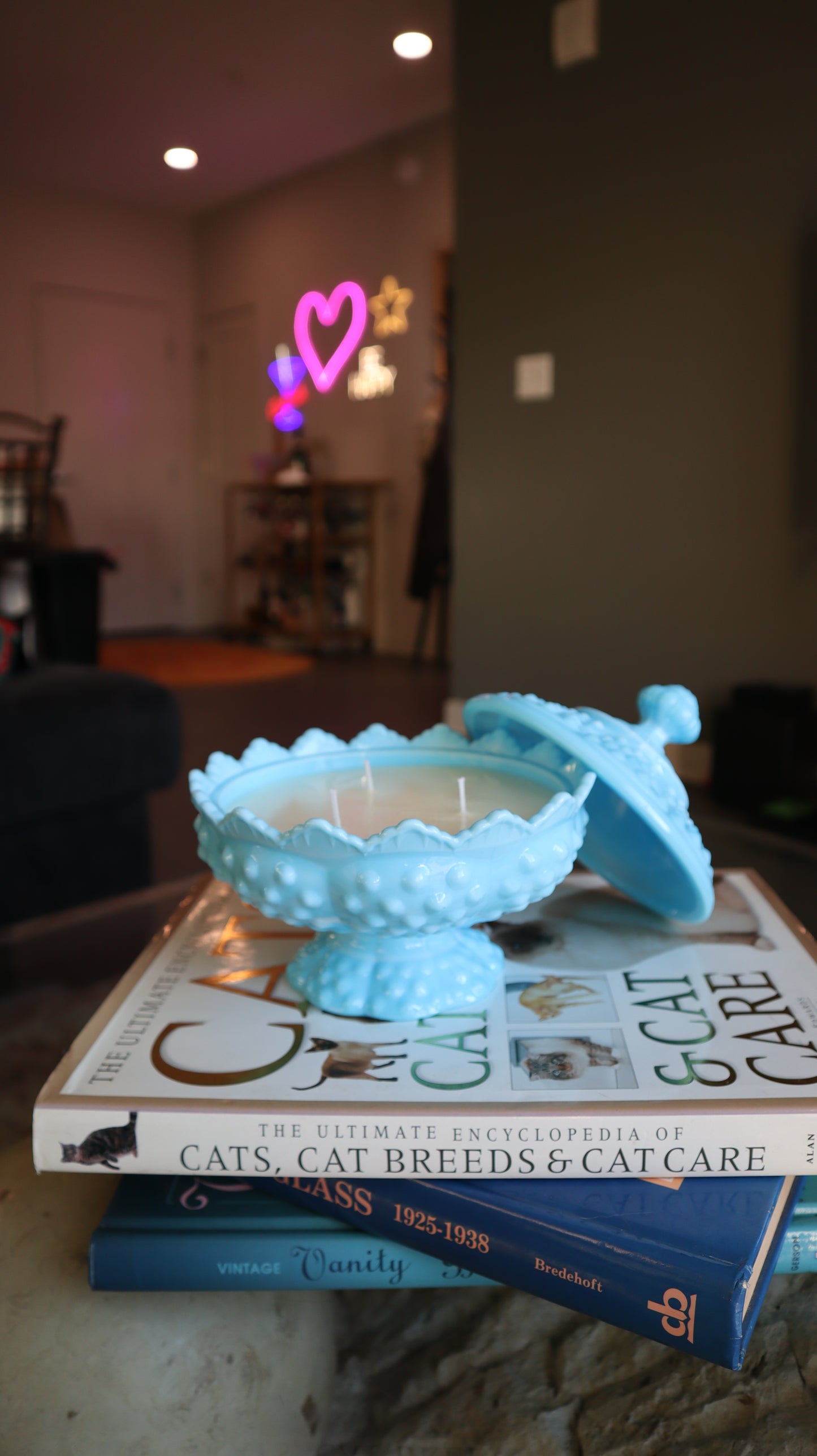 Fenton Blue White Ribbon Slag Glass Hobnail Lidded Candy Dish Candle