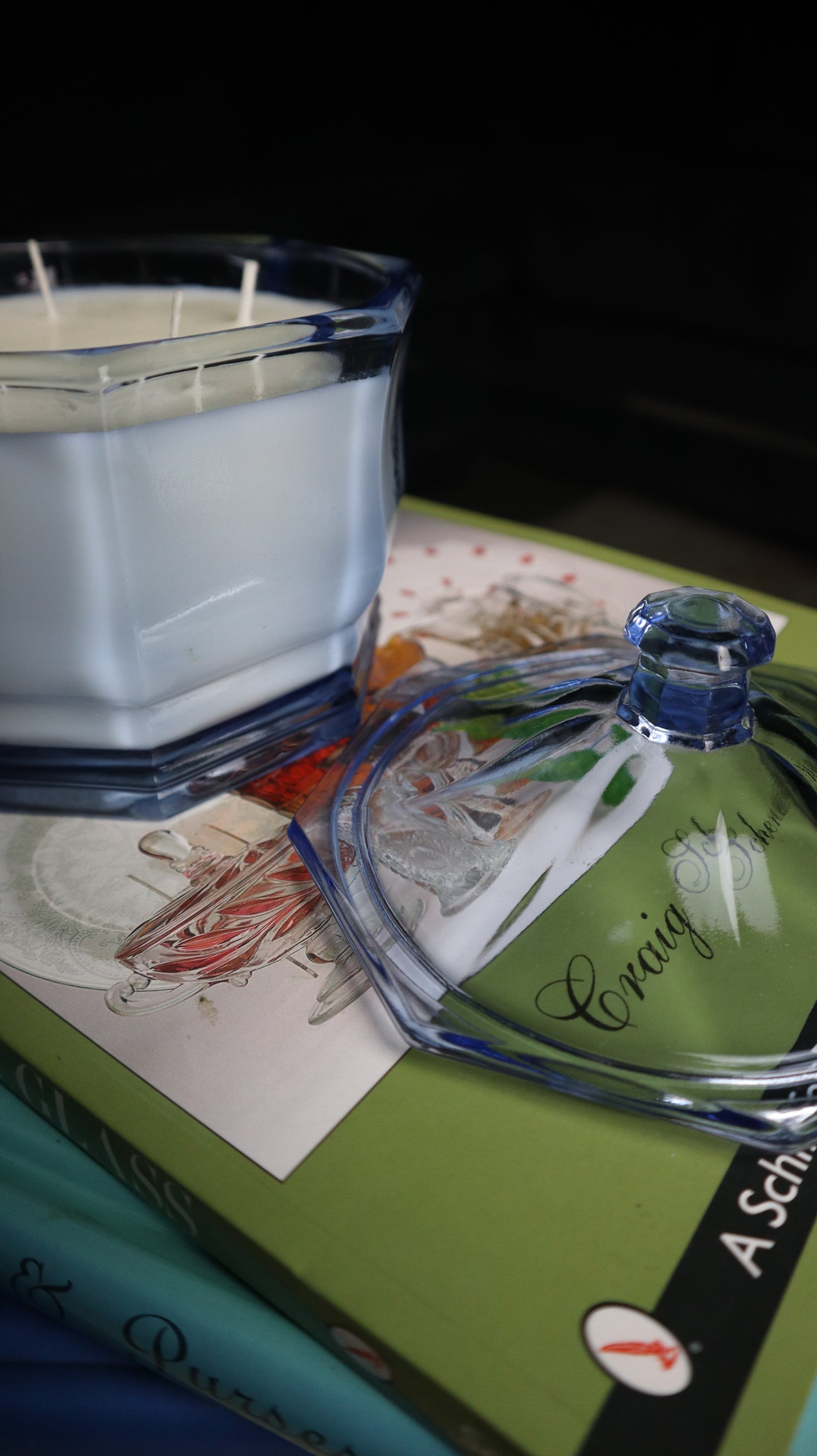 Blue Vintage Depression Candy Dish Lidded Candle